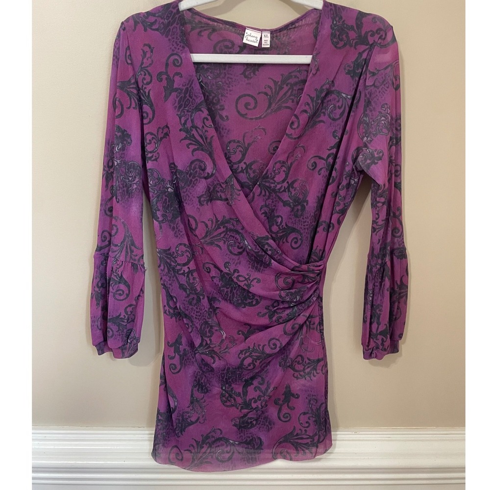 Johnny Heaven Vtg Y2K Purple Damask Mesh Wrap Top XL Sheer Ruched Puff Cuff